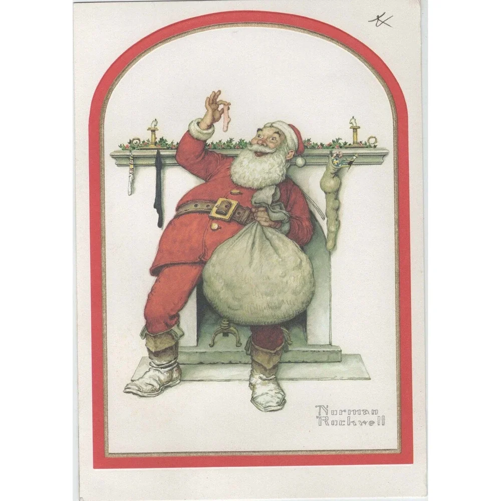 Vintage 1985 Hallmark Christmas Card Norman Rockwell Santa Fireplace Used